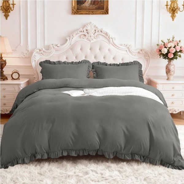 LINENOVA Ruffle Quilt Cover Set 2000TC Ultra Soft Microfiber Duvet Doona Cover Bed Bedding Queen / Dark Grey
