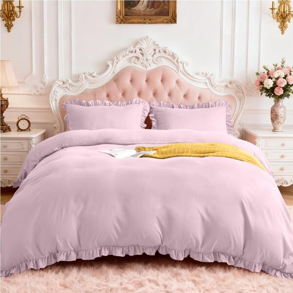 LINENOVA Ruffle Quilt Cover Set 2000TC Ultra Soft Microfiber Duvet Doona Cover Bed Bedding King / Light Pink