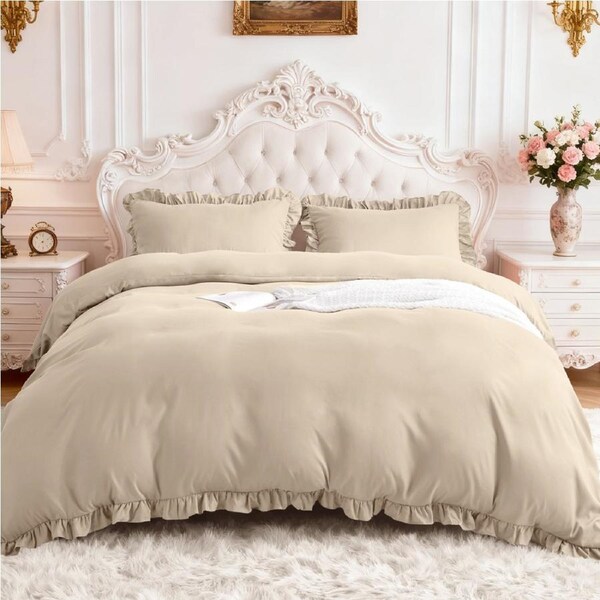 LINENOVA Ruffle Quilt Cover Set 2000TC Ultra Soft Microfiber Duvet Doona Cover Bed Bedding King / Warm Sand