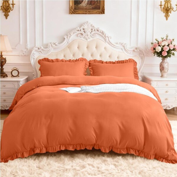 LINENOVA Ruffle Quilt Cover Set 2000TC Ultra Soft Microfiber Duvet Doona Cover Bed Bedding Super King / Rust