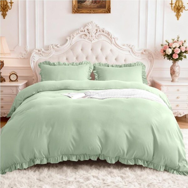 LINENOVA Ruffle Quilt Cover Set 2000TC Ultra Soft Microfiber Duvet Doona Cover Bed Bedding Super King / Sage Green