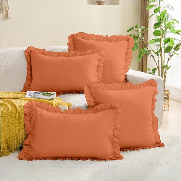 LINENOVA 2Pcs Ruffle Pillowcses Set Ultra Soft Vintage Decorative Pillow Cover King / Rust