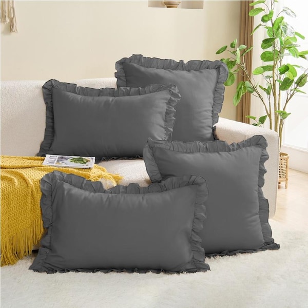 LINENOVA 2Pcs Ruffle Pillowcses Set Ultra Soft Vintage Decorative Pillow Cover King / Dark Grey