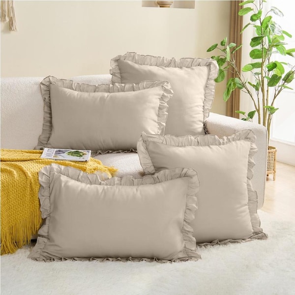 LINENOVA 2Pcs Ruffle Pillowcses Set Ultra Soft Vintage Decorative Pillow Cover European / Beige