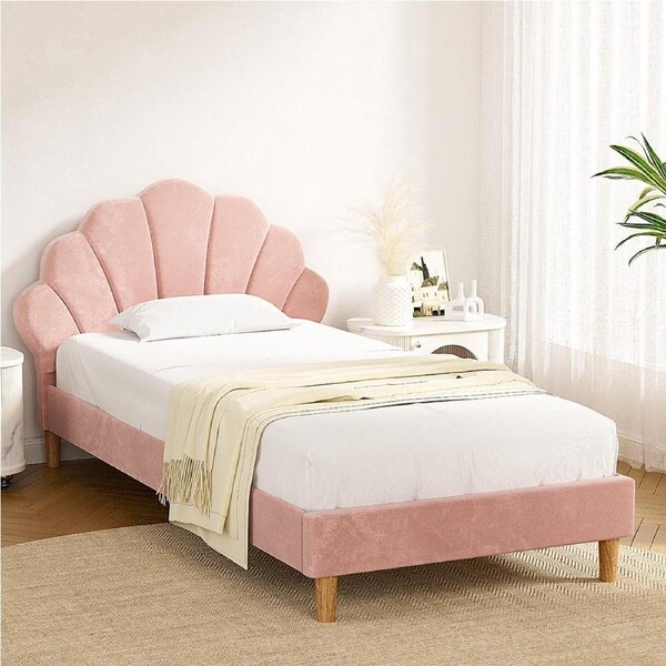 Artiss Bed Frame Scallop-Shape Bedhead Beds Base Pink Velvet Fabric King Single Double King Single