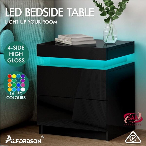 ALFORDSON Bedside Table RGB LED Nightstand 2/3 Drawers 4 Side High Gloss Perla - 2 Drawers (Black)