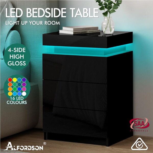 ALFORDSON Bedside Table RGB LED Nightstand 2/3 Drawers 4 Side High Gloss Perla - 3 Drawers (Black)