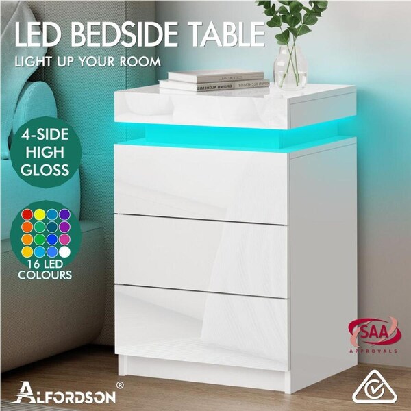 ALFORDSON Bedside Table RGB LED Nightstand 2/3 Drawers 4 Side High Gloss Perla - 3 Drawers (White)