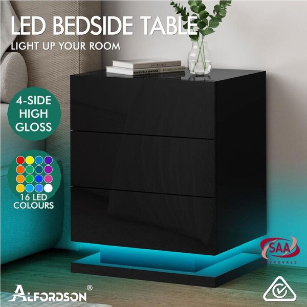 ALFORDSON Bedside Table RGB LED Nightstand 2/3 Drawers 4 Side High Gloss Zaim - 3 Drawers (Black)