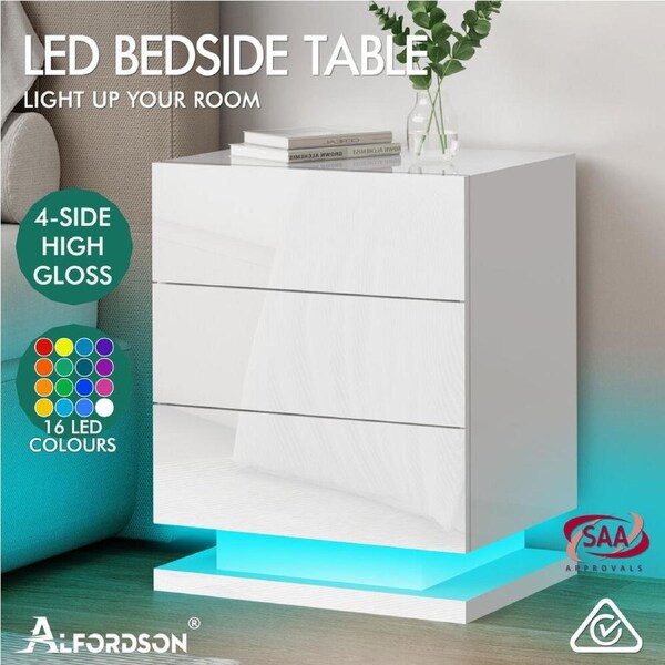 ALFORDSON Bedside Table RGB LED Nightstand 2/3 Drawers 4 Side High Gloss Zaim - 3 Drawers (White)