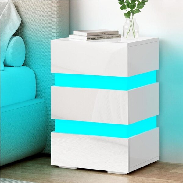 ALFORDSON Bedside Table RGB LED Nightstand 2/3 Drawers 4 Side High Gloss Annot - 3 Drawers (White)