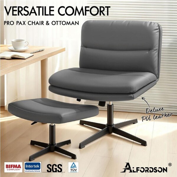 1 ALFORDSON Office Chair Armless Wide Seat with Ottoman PU Leather - Grey