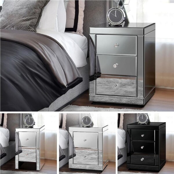 ALFORDSON Mirrored Bedside Table Cabinet Nightstand Side End Table Drawers Freya - 3 Drawers(Silver)