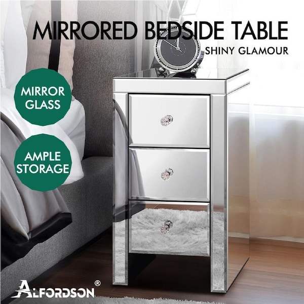ALFORDSON Mirrored Bedside Table Cabinet Nightstand Side End Table Drawers Ainsley - 2 Drawers(Silver)
