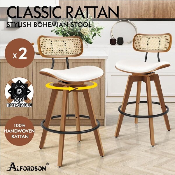 ALFORDSON Bar Stools Kitchen Vintage Leather Seat Rattan Chair Samantha x2/x4 White x 2