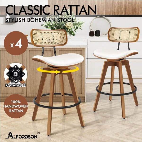 ALFORDSON Bar Stools Kitchen Vintage Leather Seat Rattan Chair Samantha x2/x4 White x 4