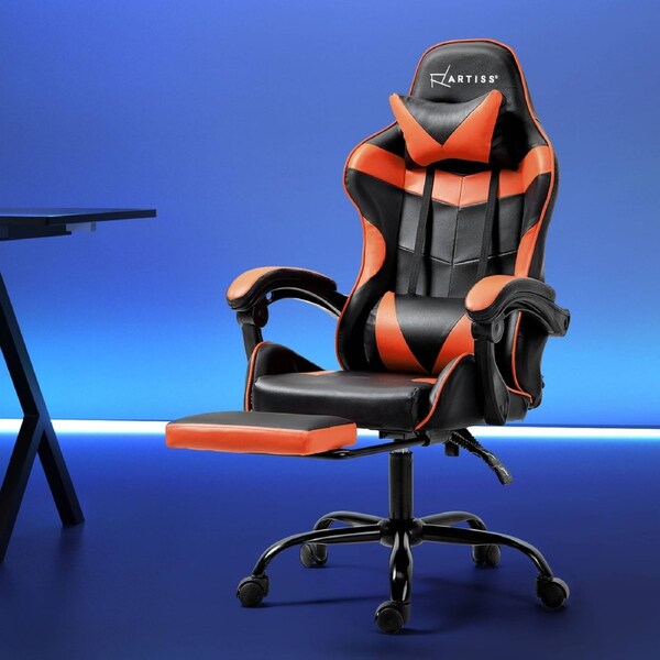Artiss Gaming Chair Office Chairs Executive Computer Desk PU Leather Footrest Orange&nbsp;&&nbsp;Black