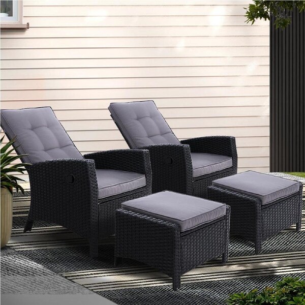 Gardeon 2x Recliner Chairs Sun lounge Wicker Lounger Outdoor Furniture Adjustable Black