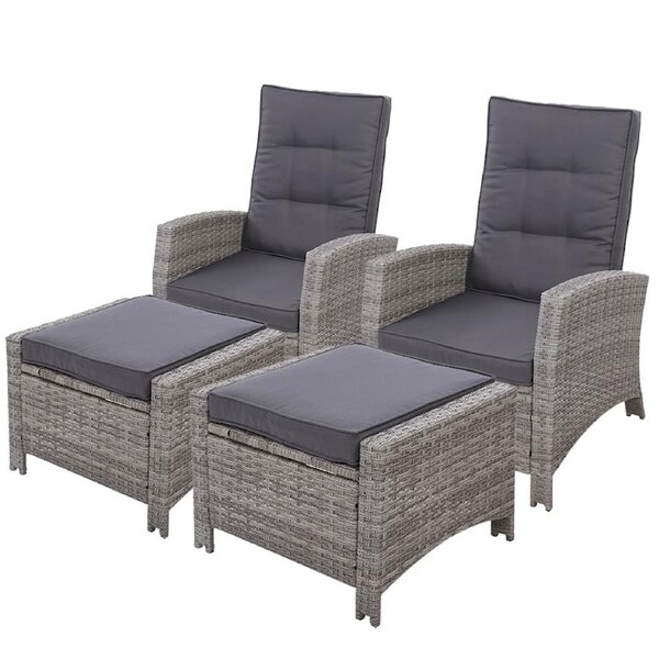 Gardeon 2x Recliner Chairs Sun lounge Wicker Lounger Outdoor Furniture Adjustable Grey
