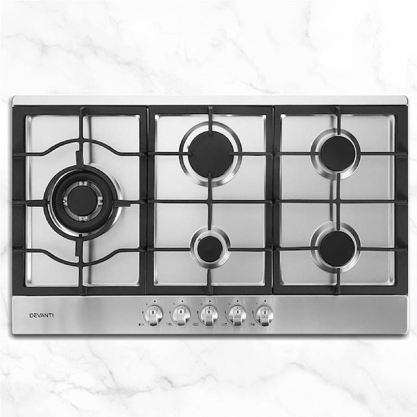 Devanti Gas Cooktop5 Burner Glass Steel Stove Hob Cooker Kitchen Silver
