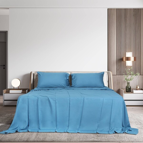 Dreamz Bamboo Sheet Set Fitted Pillowcase Double Queen King Single King 4 pcs set / Blue