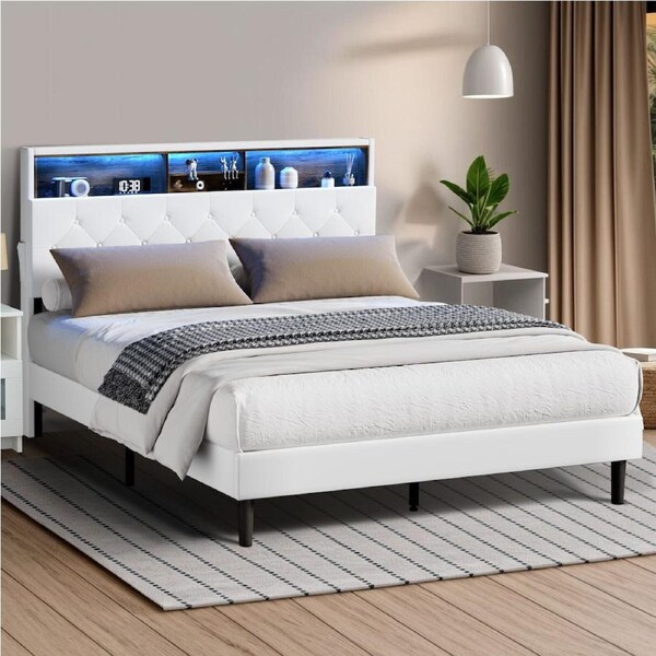 Oikiture Bed Frame Queen Double King Single Platform Beds LED Storage Bedhead Leather NOVI Double