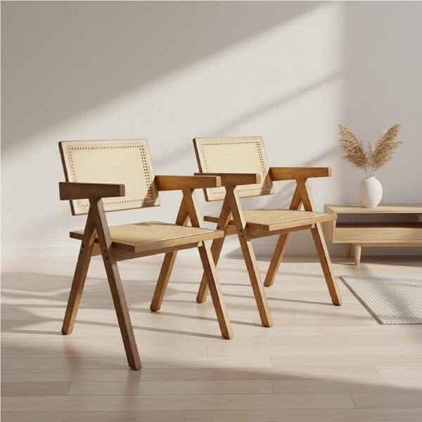 1 Set of 1/2 Levede Wicker Dining Chair Rattan Rubberwood - Natural, Black, Walnut Set of 2 / Natural Wood