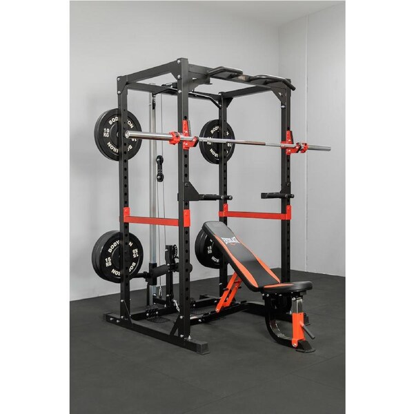 Body Iron Studio PR700 Power Rack Elite Set + 120kg Olympic Barbell & Bumper Plate Set Everlast Adjustable FID Bench