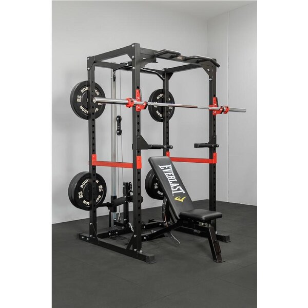 Body Iron Studio PR700 Power Rack Elite Set + 120kg Olympic Barbell & Bumper Plate Set Everlast Utility FID Bench