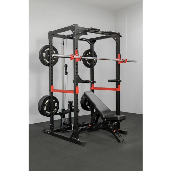 Body Iron Studio PR700 Power Rack Elite Set + 120kg Olympic Barbell & Bumper Plate Set Body Iron Adjustable Bench MT8