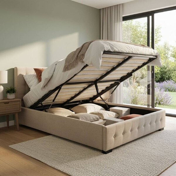 Levede Bed Frame Gas Lift with Storage Beige Queen/Double Double / Beige