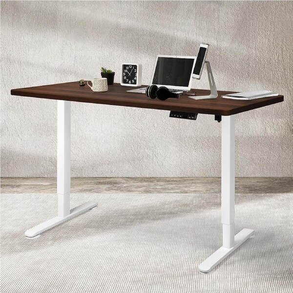 Levede Standing Office Desk Electric Motorised Height Adjustable Table Laptop Single Motor-140cm White+Walnut Set / White+Walnut Set