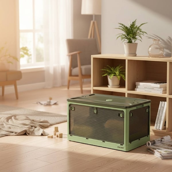 Stacked Storage Box Stackable Bin Organiser Foldable 5 Lid Wheels Large Capacity Green / 124L