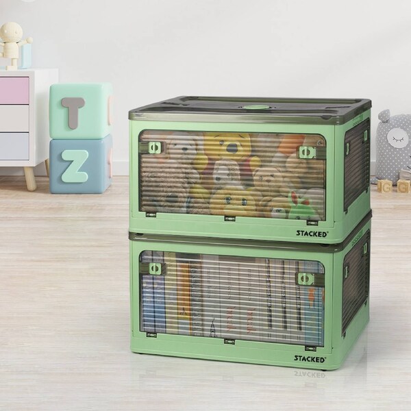 Stacked Storage Box Stackable Bin Organiser Foldable 5 Lid Wheels Large Capacity Green / 28L