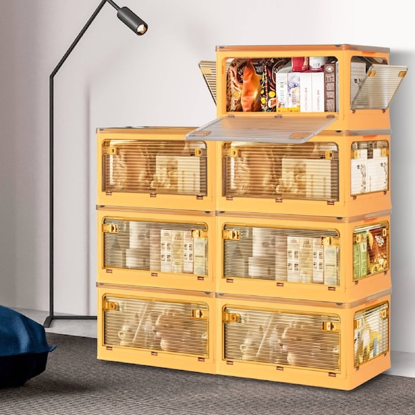 Stacked Storage Box Stackable Bin Organiser Foldable 5 Lid Wheels Large Capacity Orange / 28L