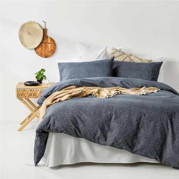 Herringbone 100% Organic Cotton Printed Quilt Cover Set Navy / Queen