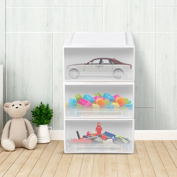 Traderight Kids Toy Storage Boxes Stackable Drawers Organiser Palstic Container Cabinet 3 Packs / 17L