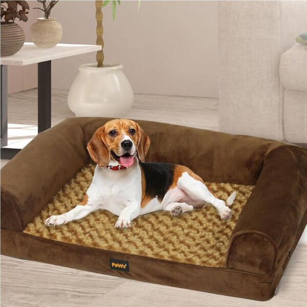 Pawz Pet Calming Bed Memory Foam Orthopedic Dog Sofa Washable Cover Extra Large Brown Bed / M (76 x 51 x 19cm)