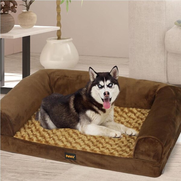 Pawz Pet Calming Bed Memory Foam Orthopedic Dog Sofa Washable Cover Extra Large Brown Bed / L (91x 68.6x 21.6cm)