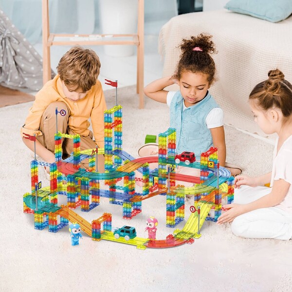Traderight Kids Magnetic Tiles Blocks Railcar Building Marble Run Educational Toys STEM 348 pcs