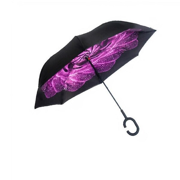 Windproof Double Layer Inverted Umbrella C Handle Dark Purple Blossom