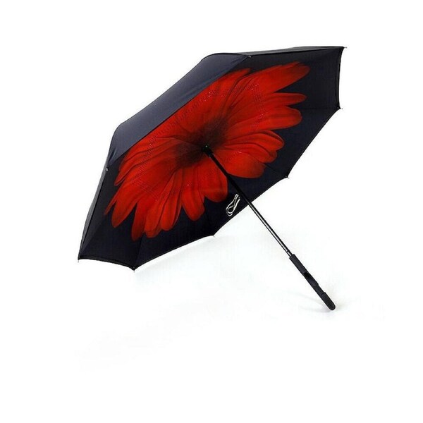 Windproof Double Layer Inverted Umbrella C Handle Red Daisy
