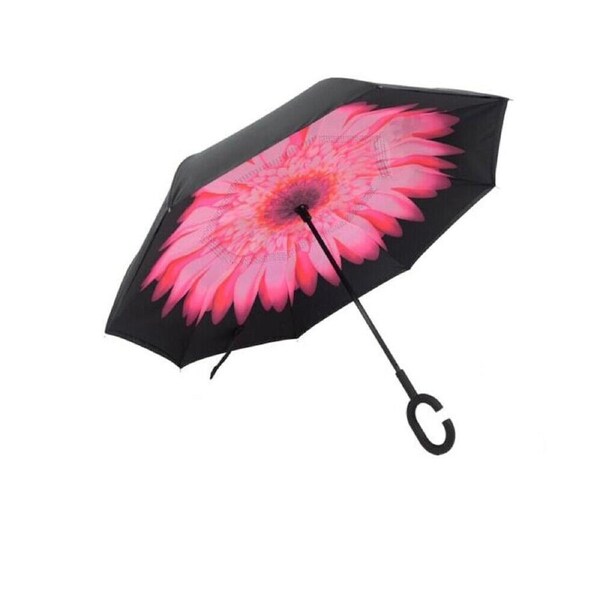 Windproof Double Layer Inverted Umbrella C Handle Pink Daisy
