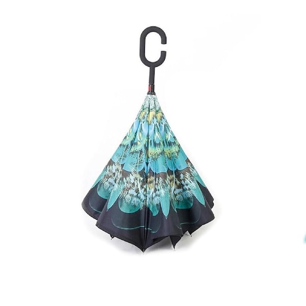 Windproof Double Layer Inverted Umbrella C Handle Green Peacock