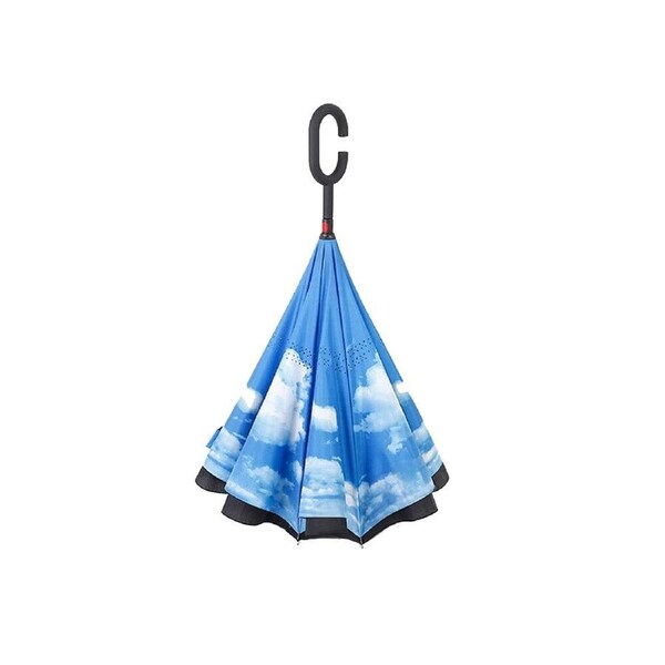 Windproof Double Layer Inverted Umbrella C Handle Blue Sky and White Clouds