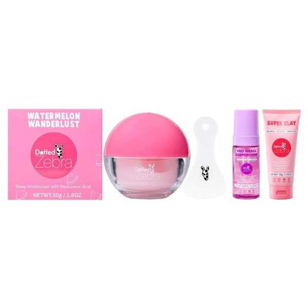 Dotted Zebra Pink Kit by Dotted Zebra for Women - 3 Pc Kit 4.05oz Daily Miracle Cleansing Foam, 2.7oz Super Clay, 1.6oz Watermelon Wanderlust Sleep Moisturizer 3 Pc Kit