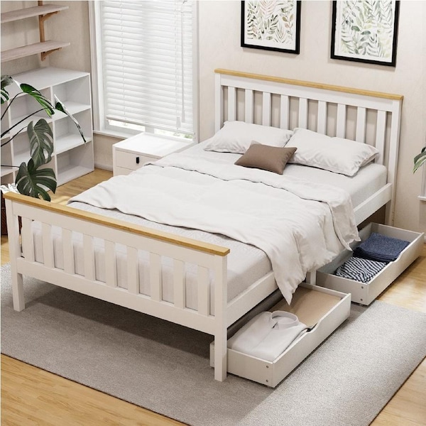 Artiss Bed Frame Double Size Wooden Base with 2 Drawers??White??PONY Double