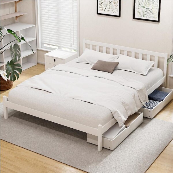 Artiss Bed Frame Double Size Wooden Base with 2 Drawers(White) Queen with Drawers