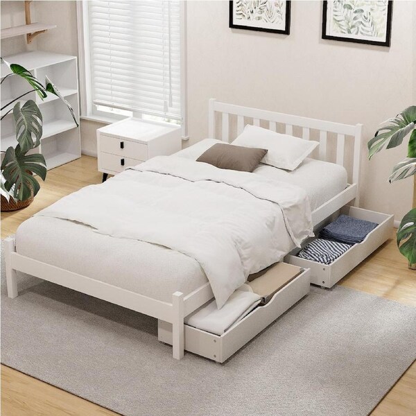 Artiss Bed Frame Double Size Wooden Base with 2 Drawers(White) King Single with Drawers