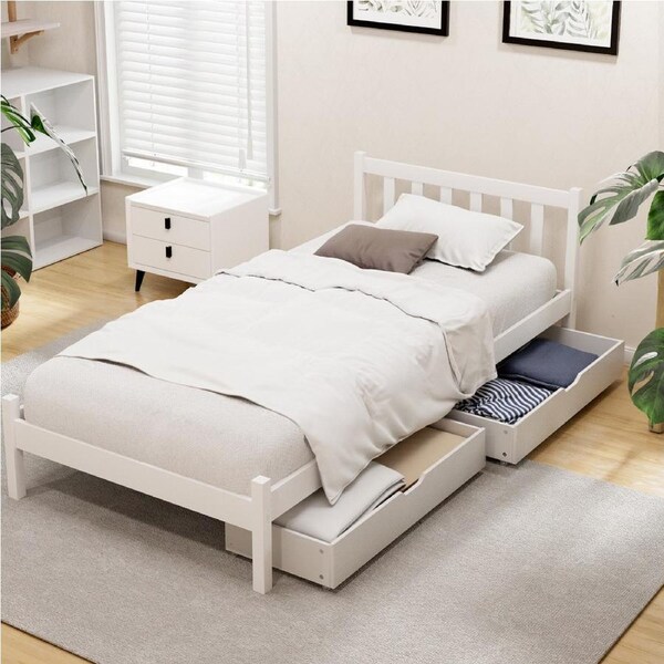 Artiss Bed Frame Double Size Wooden Base with 2 Drawers(White) Single with Drawers